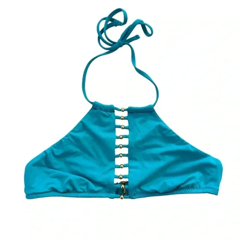 Trina Turk Gypsy Turquoise High Neck Bikini top, Small Blue Swim bathing suit
